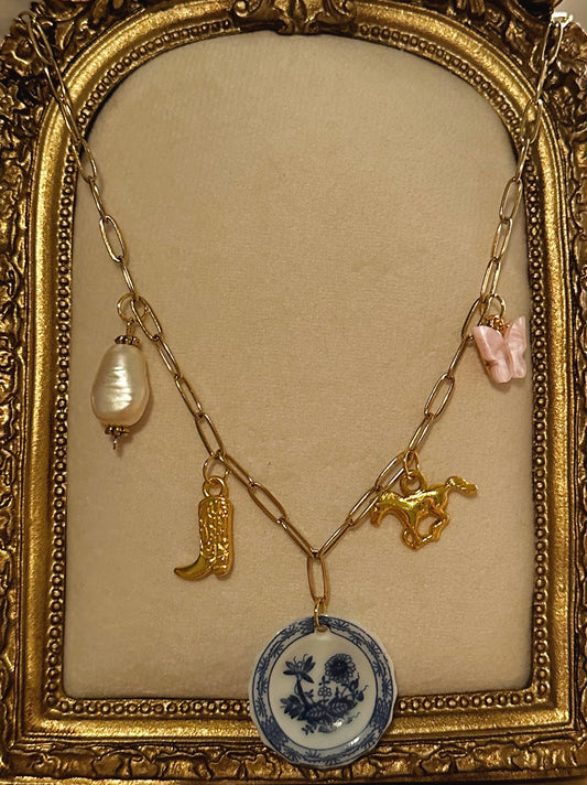 Coastal Blue China Charm Necklace - 18k Gold Plated Chain