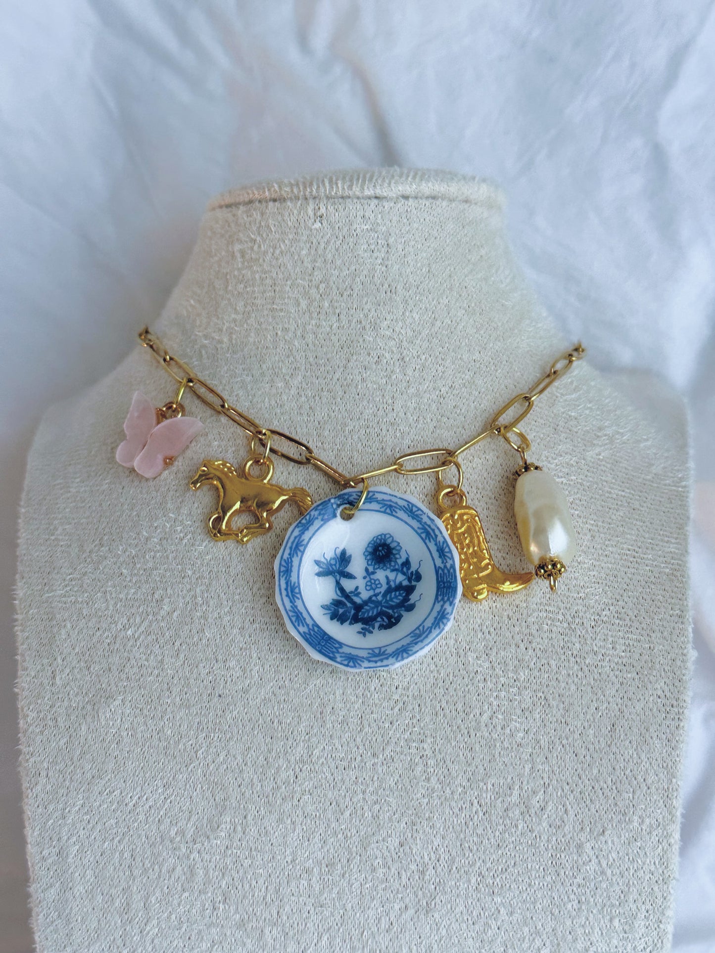 Coastal Blue China Charm Necklace - 18k Gold Plated Chain